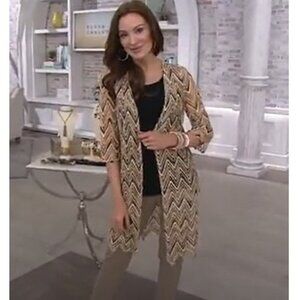 New Susan Graver Chevron Novelty Knit Open Front Brown Cardigan Size M